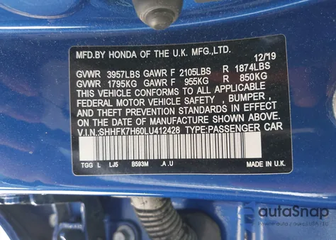 2020 Honda Civic Ex z USA, uszkodzony, nr VIN SHHFK7H60LU412428